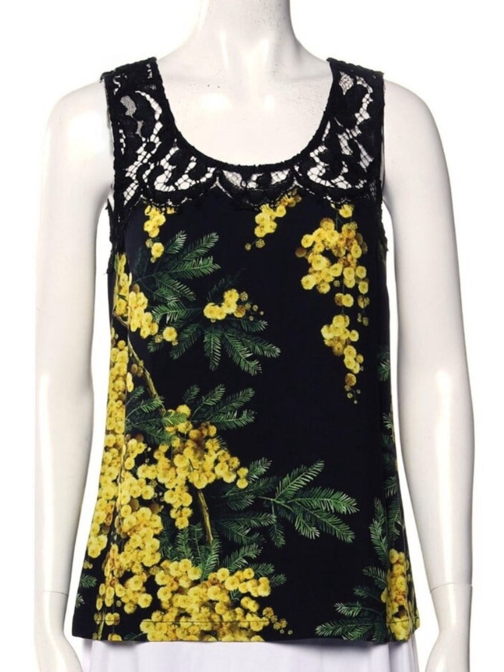 Dolce & Gabbana Black Yellow Floral Black Lace Trim Sleeveless Top 40 US 4